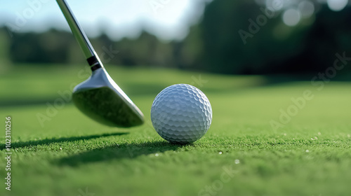 Detailed close-up of a golf ball perfectly balanced on a tee, with an iron club looming in the foreground