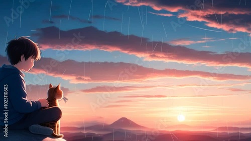 A boy is sitting on the top of a mountain, together with a cat. Admiring the sunset in the rain.