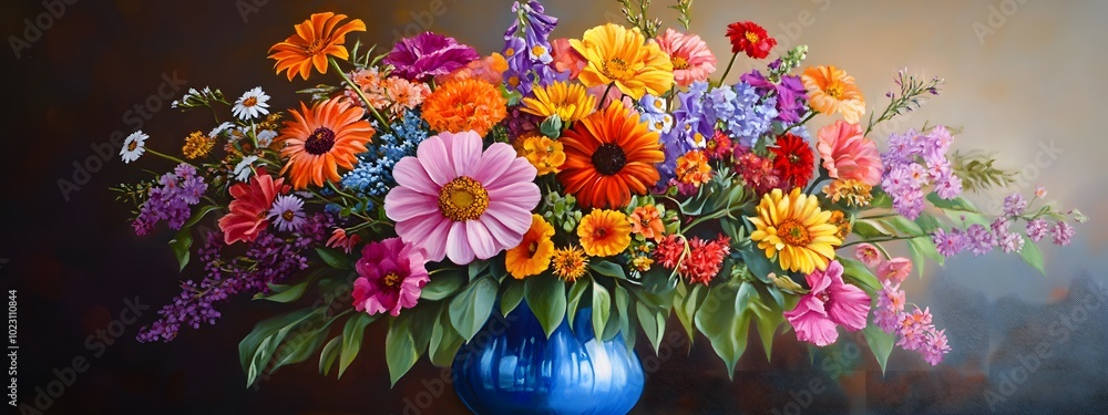 A vibrant bouquet of colorful flowers in an elegant blue glass vase, with bright orange and purple blossoms, green leaves, and yellow daisies A vibrant bouquet of colorful flowers in an elegant blue glass vase, with bright orange and purple blossoms, green leaves, and yellow daisies