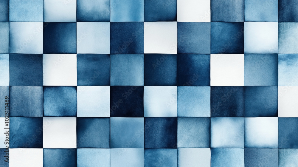 Fototapeta premium Abstract geometric pattern with blue and white squares arranged in a seamless, repetitive grid. The pattern has a watercolor texture and gradient shading.