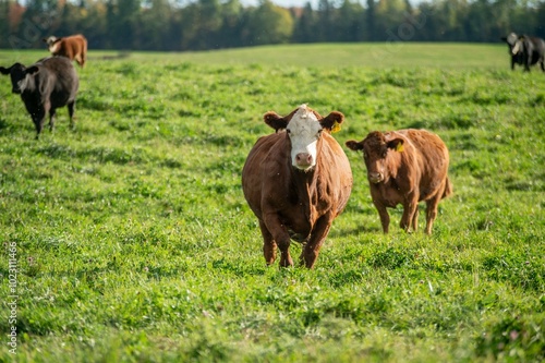 Cows walking, eating in green summer pasture in Quebec Canada