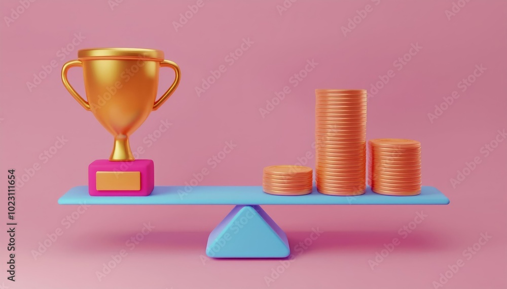 A golden trophy balances on a blue scale with stacks of coins, symbolizing the relationship between success and wealth. A golden trophy balances on a blue scale with stacks of coins, symbolizing the relationship between success and wealth.