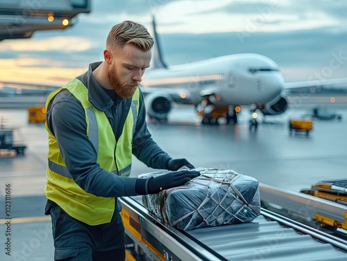 Airport worker loading cargo onto a plane at sunset, showcasing logistics and aviation operations in a busy airport environment.