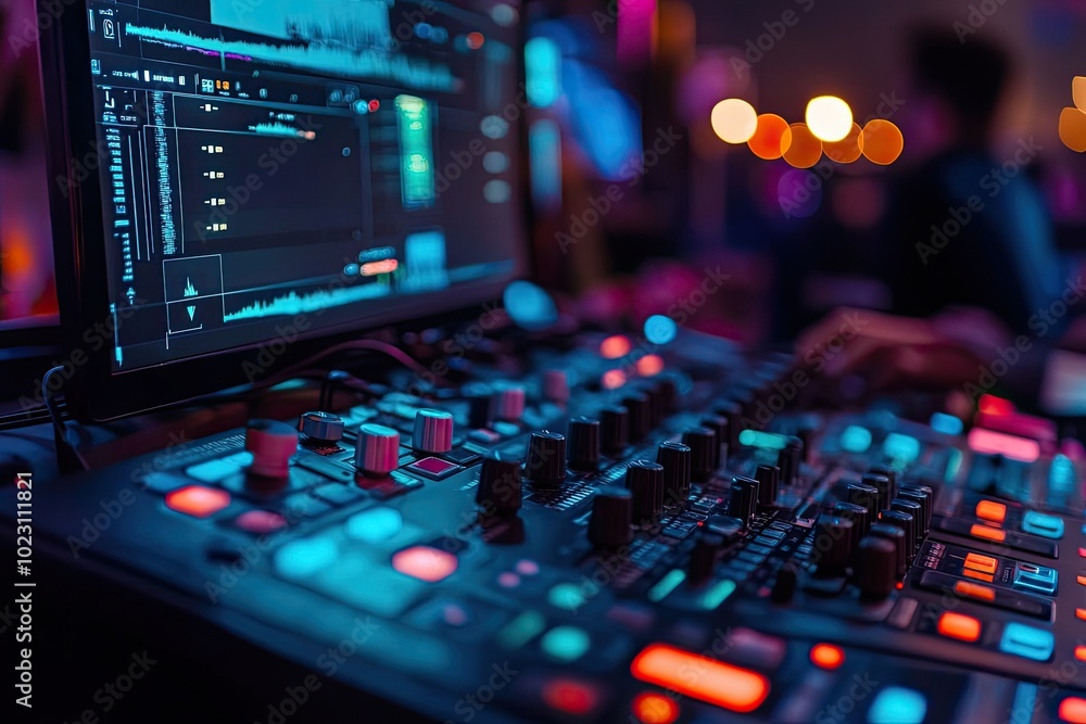 A close-up of a soundboard in a studio. This image can be used for articles, websites, or social media posts about music production, audio engineering, or live sound. A close-up of a soundboard in a studio. This image can be used for articles, websites, or social media posts about music production, audio engineering, or live sound.