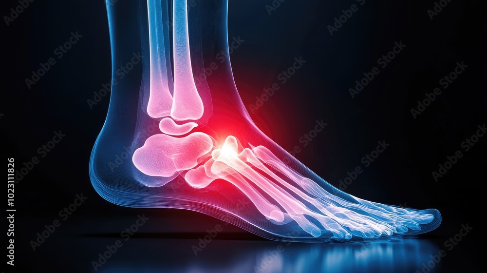 An anatomical illustration of a foot and ankle with highlighted areas indicating pain or injury, showcasing bone structure and details. An anatomical illustration of a foot and ankle with highlighted areas indicating pain or injury, showcasing bone structure and details.