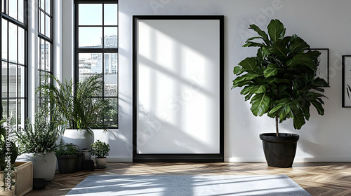 Bright interior with a blank frame, plants, and natural light.