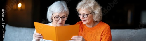 Elderly woman and her daughter sitting together, looking at a brochure on care services covered by life insurance, comforting scene photo