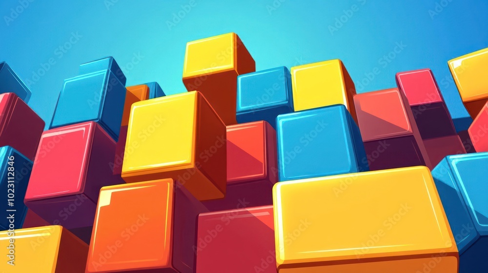 Obraz premium Colorful 3D blocks stacked in a vibrant arrangement against a blue background.
