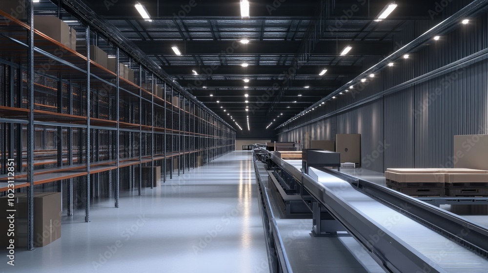 Modern warehouse with conveyor belt system, bright lighting, and organized shelving units. Modern warehouse with conveyor belt system, bright lighting, and organized shelving units.