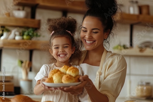 Mother and Daughter Joyfully Share Fresh Baked Goods in a Cozy Kitchen During a Warm Afternoon