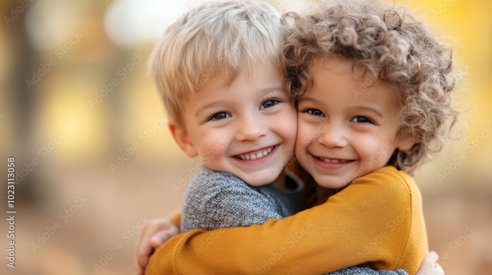 Two children, one blonde and one curly-haired, smile widely as they embrace warmly in an autumn park, surrounded by a beautiful golden backdrop. Two children, one blonde and one curly-haired, smile widely as they embrace warmly in an autumn park, surrounded by a beautiful golden backdrop.