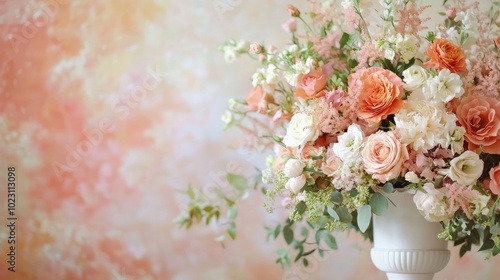 Beautiful floral arrangement in a white vase against a soft pastel background, perfect for celebrations and decor.