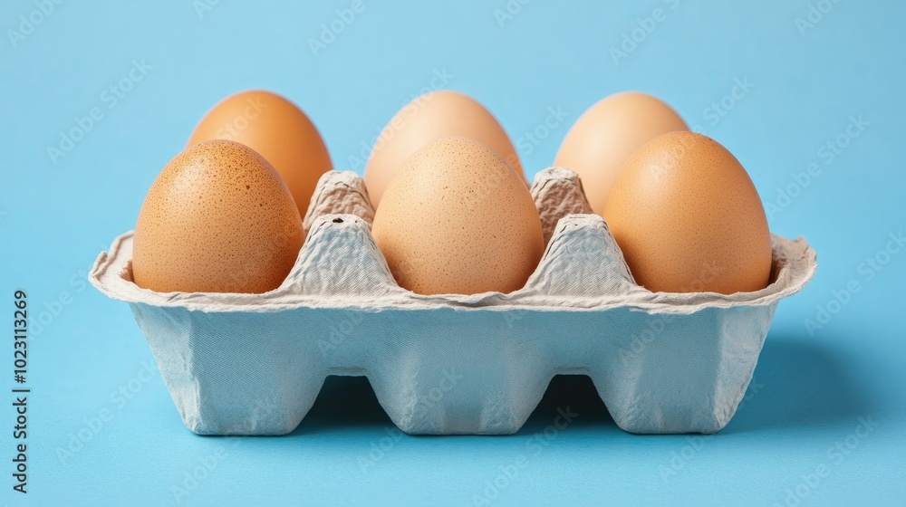 Neatly placed eggs in a carton with a blue background, showcasing freshness and simplicity. Neatly placed eggs in a carton with a blue background, showcasing freshness and simplicity.