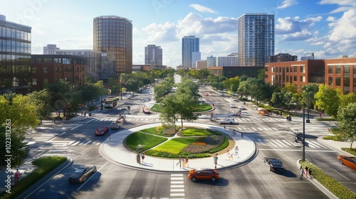 A city intersection with organized traffic flow, green spaces in the center, and modern, sleek buildings, promoting peaceful urban living.