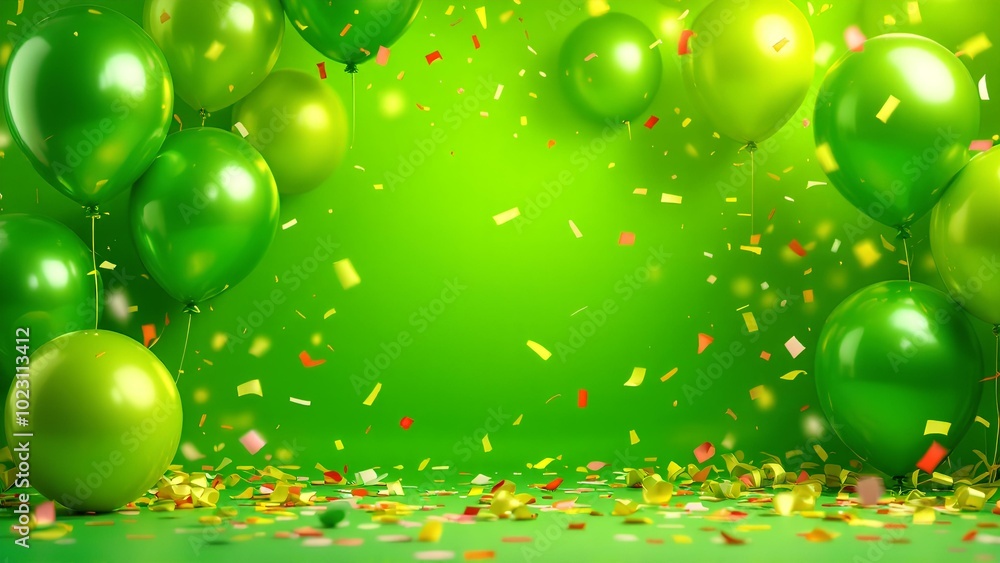 Background Green Balloons and Confetti in a Vibrant Party Celebration Background Green Balloons and Confetti in a Vibrant Party Celebration