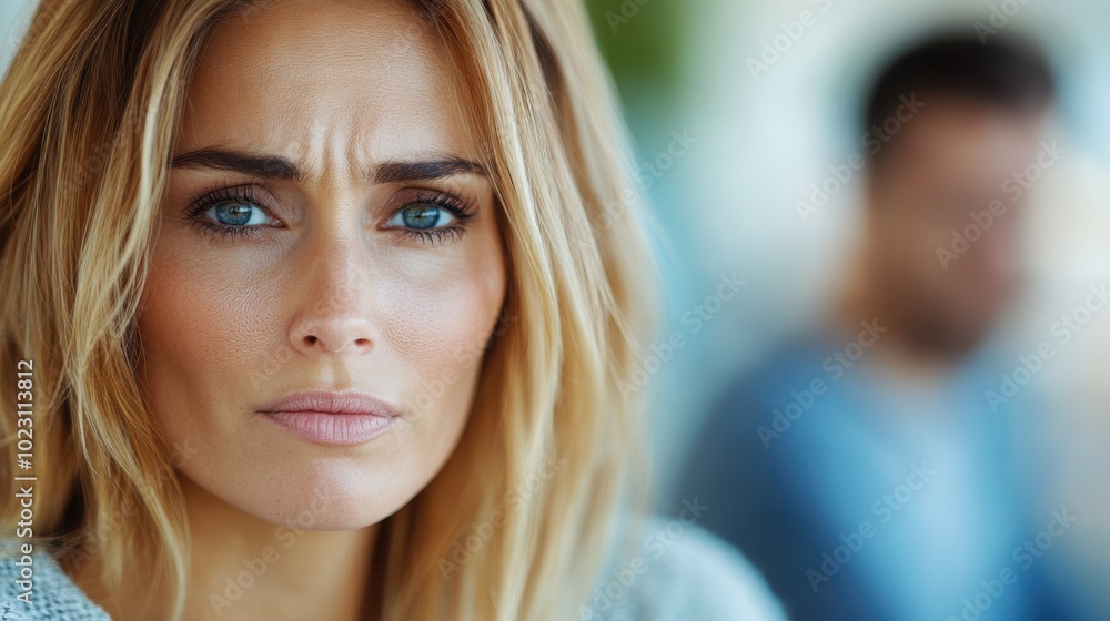 A close-up of a woman with an intense expression, clearly in focus, stands out against a blurred man in the background, highlighting an emotional conflict. A close-up of a woman with an intense expression, clearly in focus, stands out against a blurred man in the background, highlighting an emotional conflict.