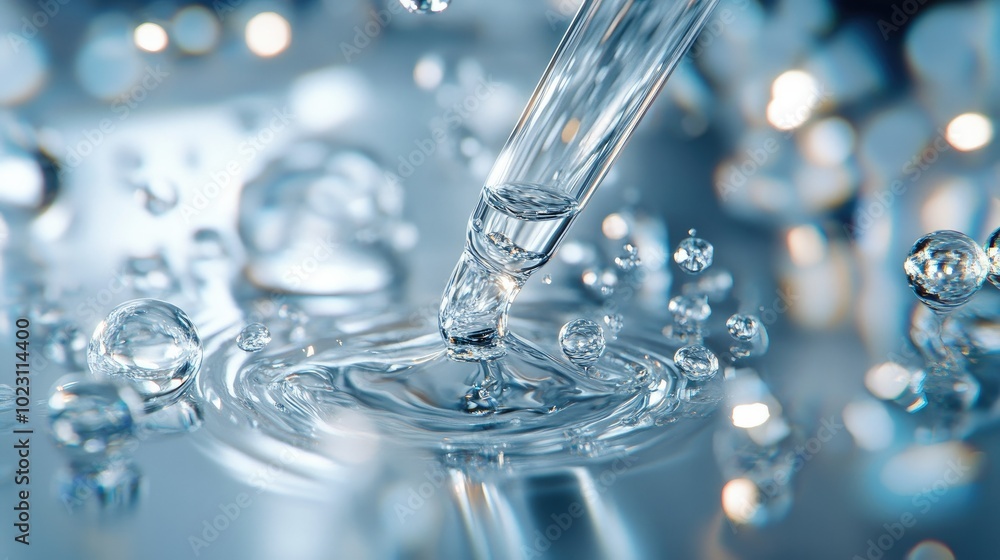 Serum droplets from a pipette, spilling onto a reflective silver surface, capturing a modern aesthetic. Serum droplets from a pipette, spilling onto a reflective silver surface, capturing a modern aesthetic.