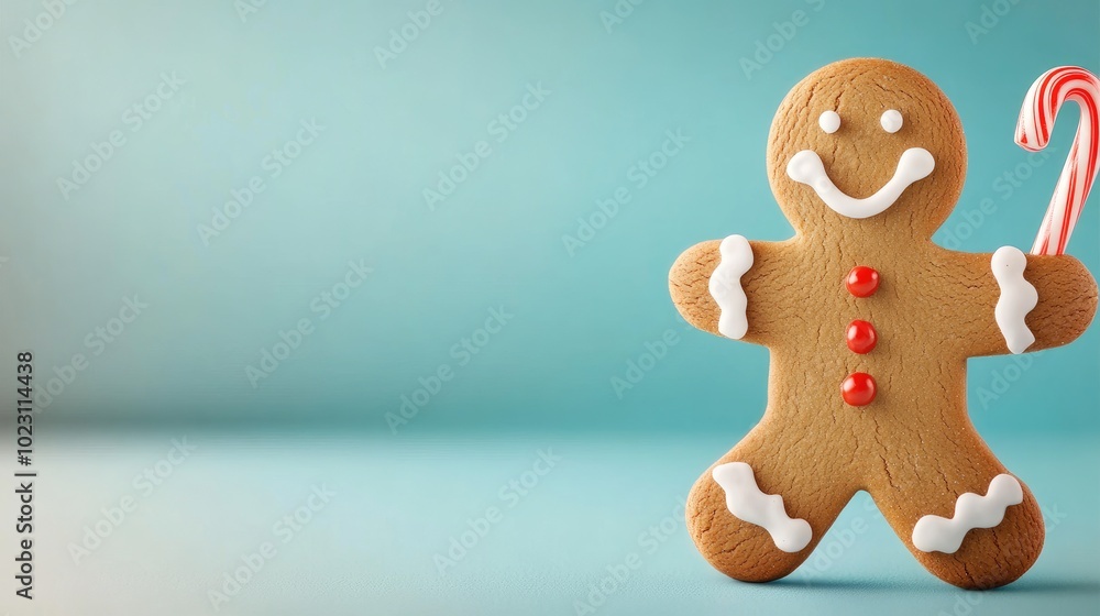 Cheerful gingerbread man with a candy cane, set against a soft blue background, perfect for holiday and festive themes. Cheerful gingerbread man with a candy cane, set against a soft blue background, perfect for holiday and festive themes.