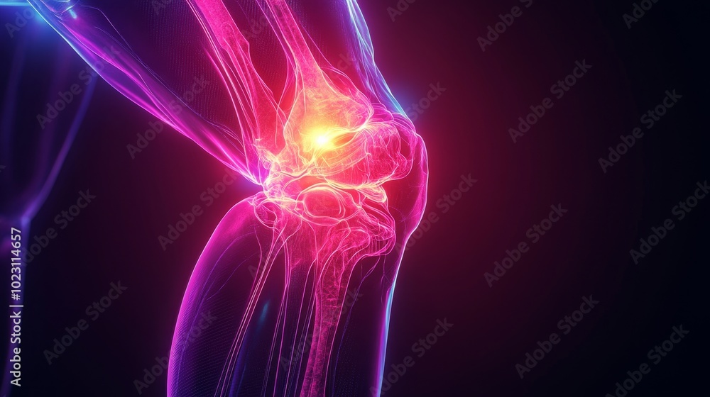 X-ray of a knee joint, vibrant holographic indicators showing osteoarthritis, futuristic support exoskeleton wrapping the joint, Neon Sci-Fi, Digital Illustration X-ray of a knee joint, vibrant holographic indicators showing osteoarthritis, futuristic support exoskeleton wrapping the joint, Neon Sci-Fi, Digital Illustration