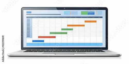 Flat Glossy Laptop with Marketing Software & Project Timeline Displayed - Close-Up Vector Illustration Emphasizing Organization in Smart Business Planning