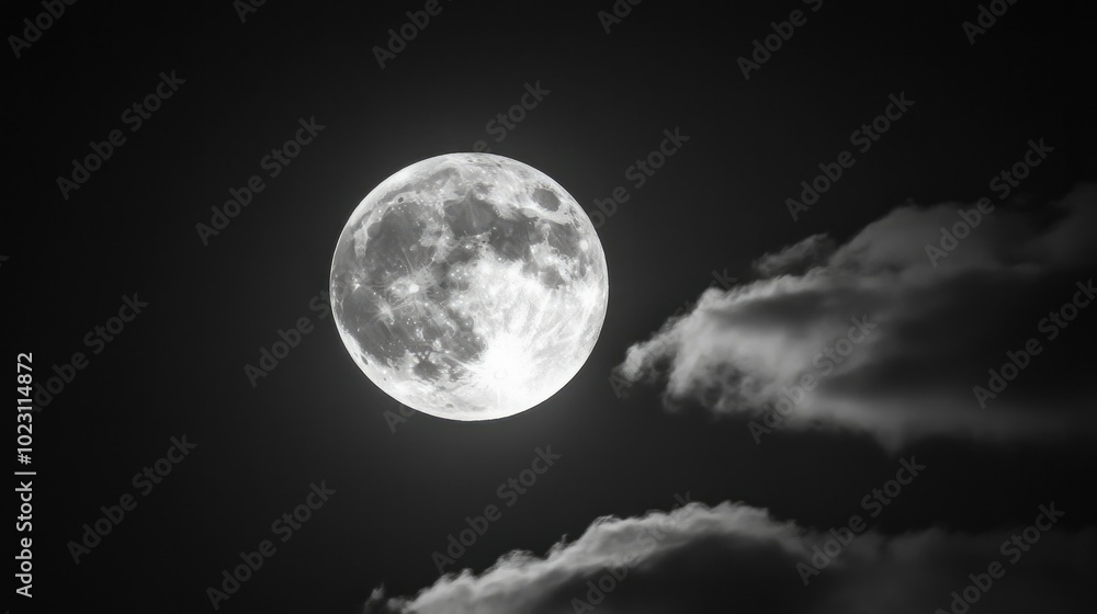 Obraz premium Silvery full moon rising above clouds, gentle glow on a calm, starlit night.