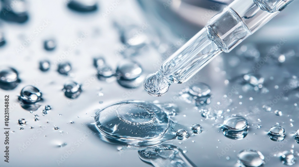Silver background with a pipette and small droplets of serum, minimalist and elegant composition. Silver background with a pipette and small droplets of serum, minimalist and elegant composition.