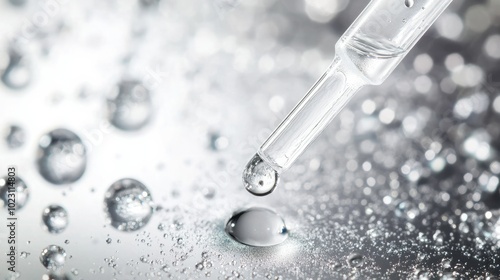 Silver background with a pipette and small droplets of serum, minimalist and elegant composition.