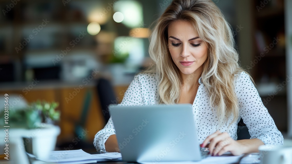A professional woman is focused on her laptop in a bright, modern office setting, hands on the keyboard, surrounded by paperwork and a calm atmosphere. A professional woman is focused on her laptop in a bright, modern office setting, hands on the keyboard, surrounded by paperwork and a calm atmosphere.