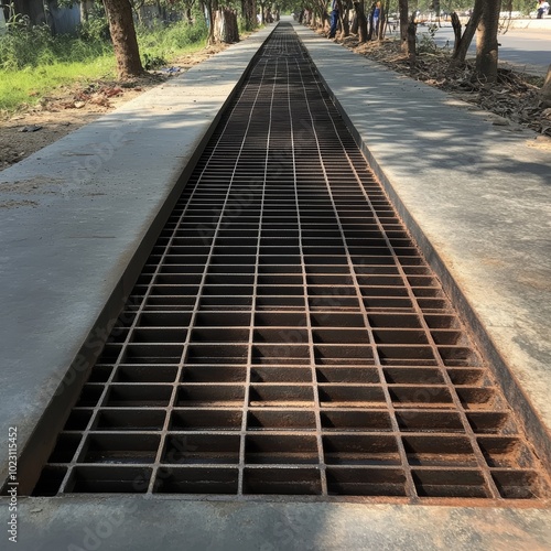 A wide concrete drainage channel bordered by trees and greenery.