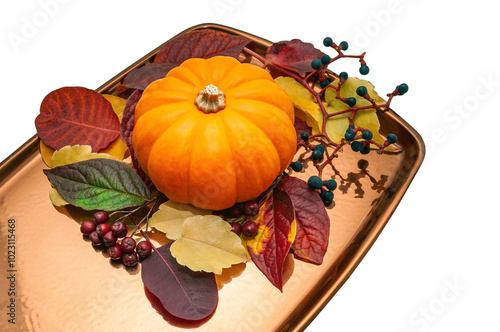 Isolated Autumn Pumpkin Display on Copper Tray. Autumn-themed composition featuring a small pumpkin with colourful leaves and berries.  photo