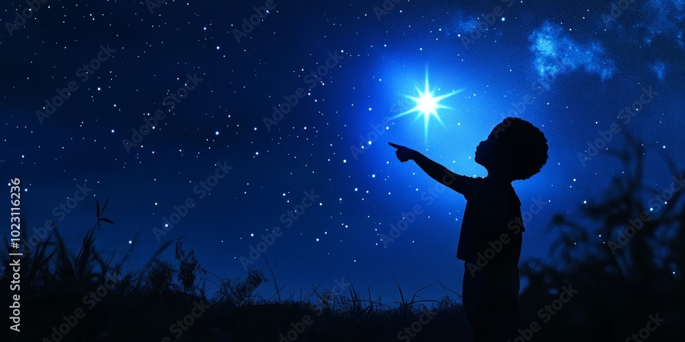 A young Black boy admires twinkling stars in a night sky, filled with wonder and awe. A young Black boy admires twinkling stars in a night sky, filled with wonder and awe.