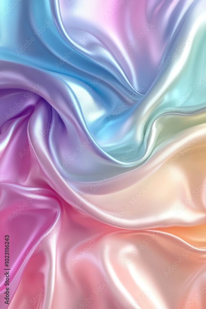 Soft, flowing silk fabric showcasing a blend of pastel colors in smooth waves. Soft, flowing silk fabric showcasing a blend of pastel colors in smooth waves.