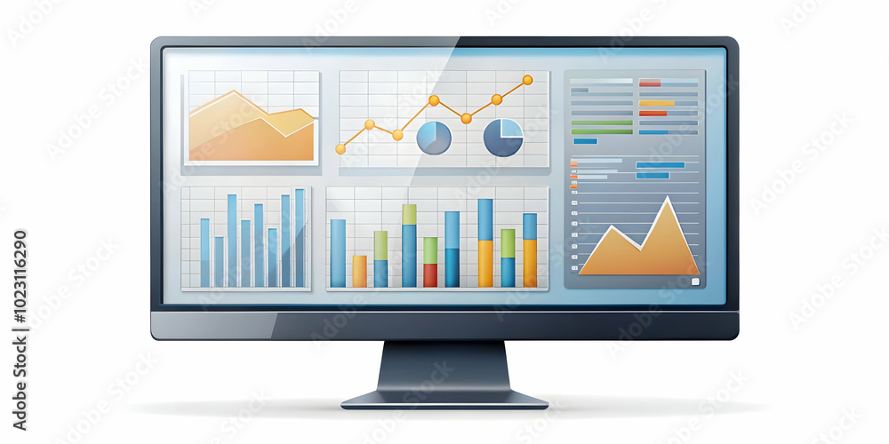 Flat Glossy Monitor Displaying Marketing Trends Dashboard - Mid Angle View, Simple Vector Illustration of Technology in Business Analysis Flat Glossy Monitor Displaying Marketing Trends Dashboard - Mid Angle View, Simple Vector Illustration of Technology in Business Analysis