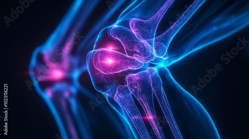 X-ray view of a skeleton's knee with glowing digital holograms highlighting joint pain and osteoarthritis, vibrant neon indicators showing futuristic joint support mechanisms