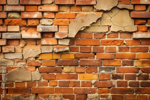 Cracked and peeling mortar on weathered brick wall texture