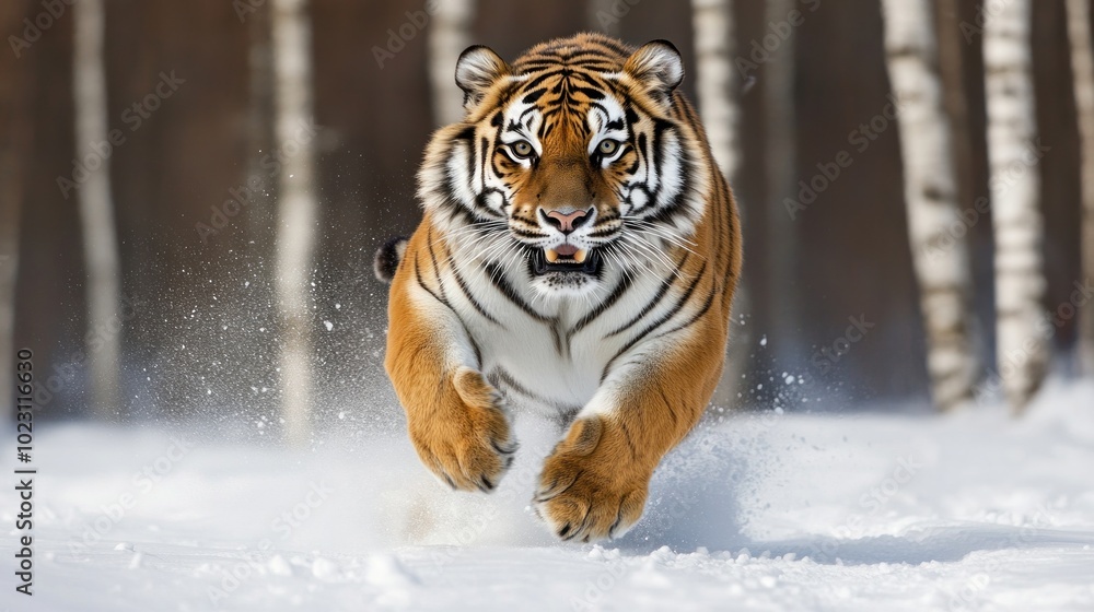 Obraz premium Sled Tiger sprinting across the snow. Gorgeous, lively, and strong picture of this magnificent animal. placed in a setting suitable for this incredible creature. Meadows and birches.