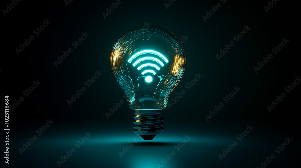 A futuristic light bulb with a sleek design, featuring a glowing Wi-Fi symbol inside, The bulb is illuminated while the Wi-Fi symbol emits a vibrant inside A futuristic light bulb with a sleek design, featuring a glowing Wi-Fi symbol inside, The bulb is illuminated while the Wi-Fi symbol emits a vibrant inside