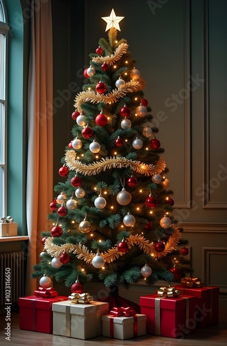 Christmas tree decorated with Christmas decorations, tinsel, lights and a star. New Year tree in the house. House with a big Christmas tree photo