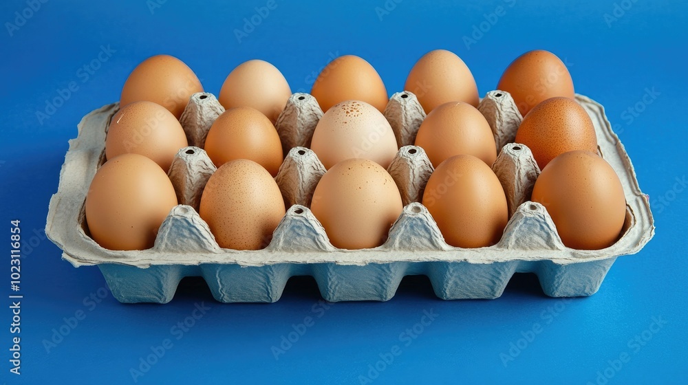 A dozen brown eggs in a cardboard carton, neatly arranged on a vibrant blue background. A dozen brown eggs in a cardboard carton, neatly arranged on a vibrant blue background.