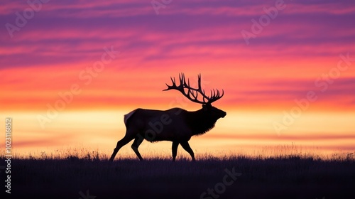 Rocky Mountain sunrise silhouette of a huge bull elk stag strolling across the plains against the sky Wapiti, Cervus canadensis, and elk