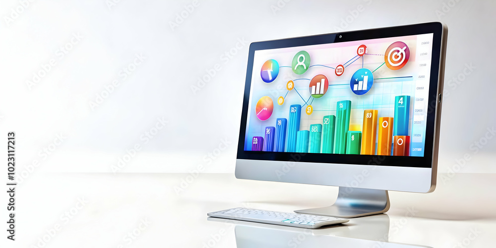 3D Glossy Desktop Monitor Displaying Holographic Financial Dashboards and Floating Currency Symbols for Corporate Finance Presentations - Clean Professional Design 3D Glossy Desktop Monitor Displaying Holographic Financial Dashboards and Floating Currency Symbols for Corporate Finance Presentations - Clean Professional Design