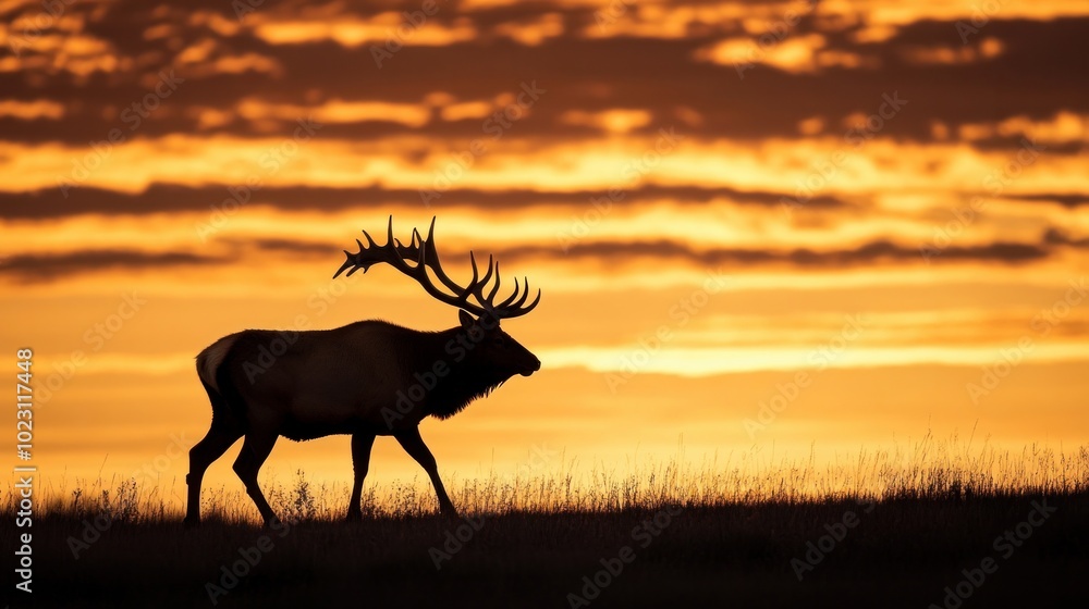 Fototapeta premium Rocky Mountain sunrise silhouette of a huge bull elk stag strolling across the plains against the sky Wapiti, Cervus canadensis, and elk