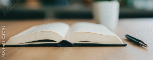 Freshly opened book with a pen beside it on a wooden desk symbolizing the start of a new story and the quest for knowledge and