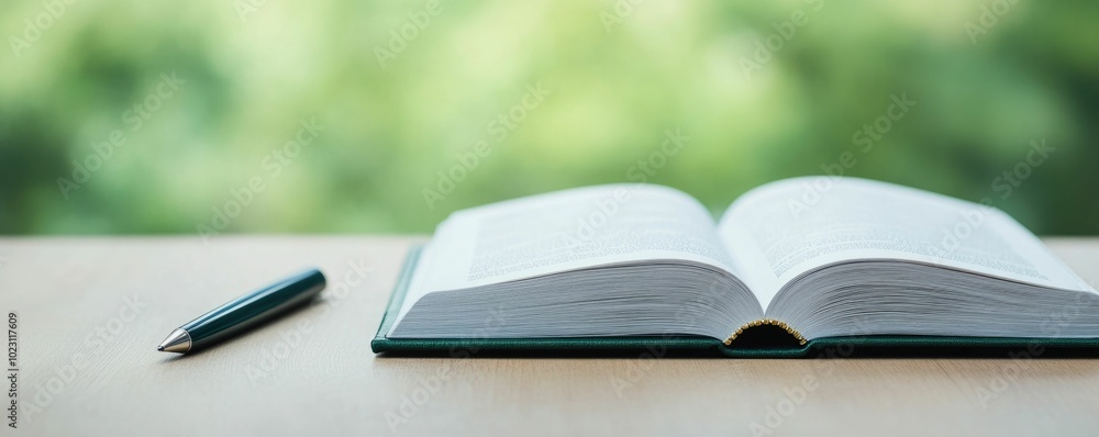 Freshly Opened Book with Pen Beside It Symbolizing the Start of a New Story The image depicts an open book on a desk or table with a pen placed next to it Freshly Opened Book with Pen Beside It Symbolizing the Start of a New Story The image depicts an open book on a desk or table with a pen placed next to it