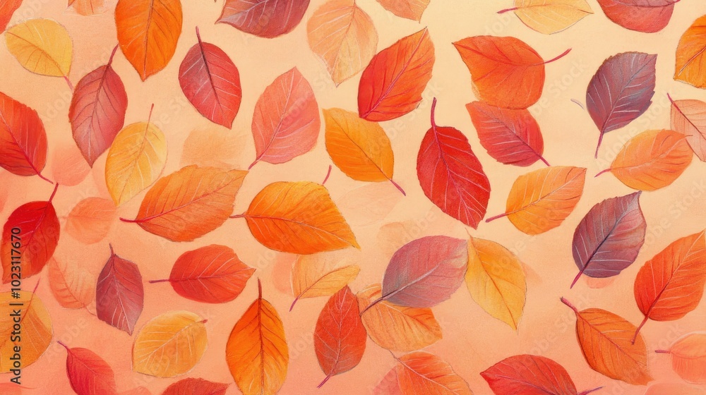 Autumn leaf pattern on a peach background, vibrant shades of red, orange, and yellow. Autumn leaf pattern on a peach background, vibrant shades of red, orange, and yellow.