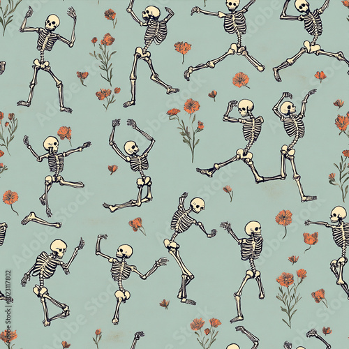 Halloween pattern with skeleton and flowers, cartoon style. Background in sage color.