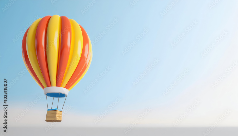 Obraz premium Colorful hot air balloon soaring in a clear blue sky, symbolizing freedom and adventure.