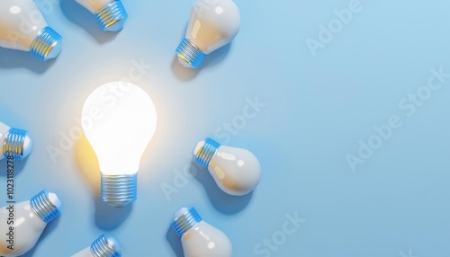 Glowing light bulb surrounded by multiple unlit bulbs on a blue background.