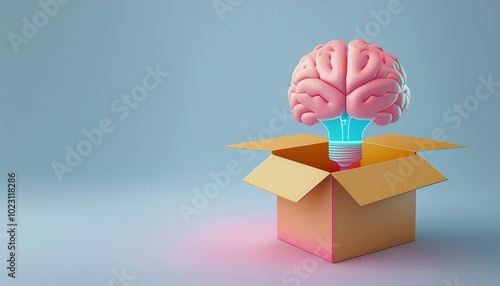 Creative thinking concept with a brain emerging from a box, symbolic of innovation and ideas.