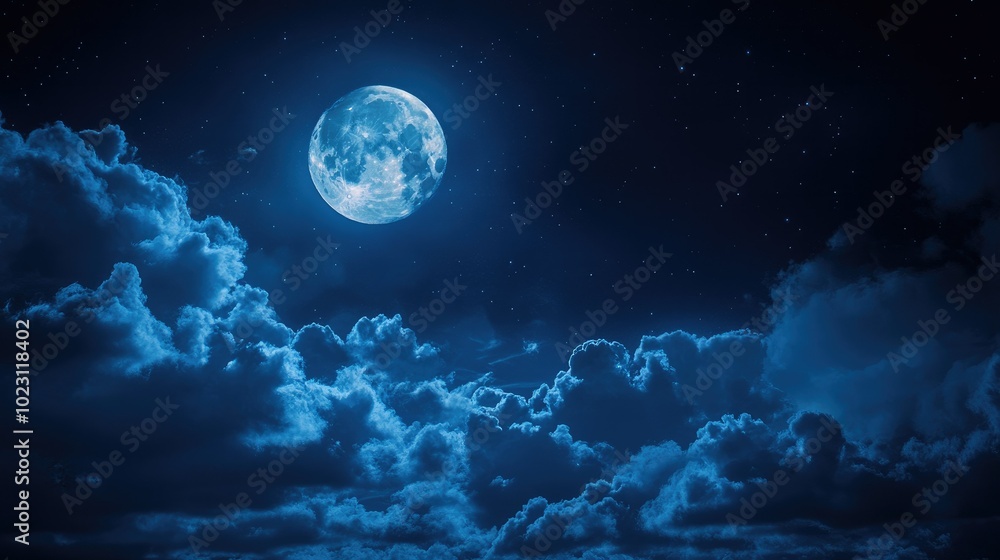 Fototapeta premium Bright full moon illuminating clouds in a night sky, ethereal and peaceful atmosphere.